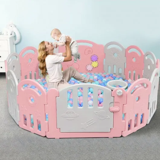 14-Panel Baby Playpen with Music Box & Basketball Hoop-Pink