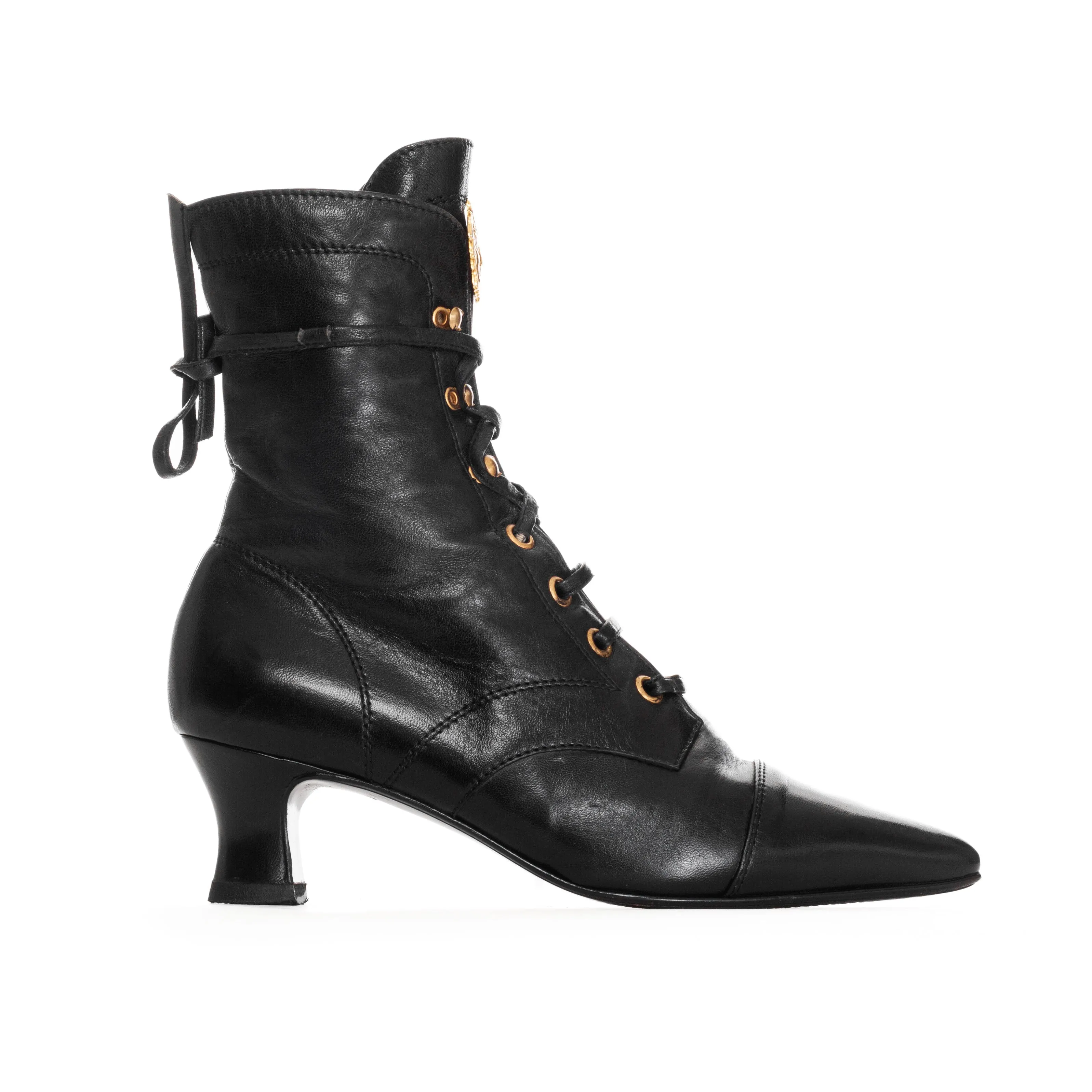 1980s Black Leather Gold-Tone Medusa Pointed Ankle Boots 35