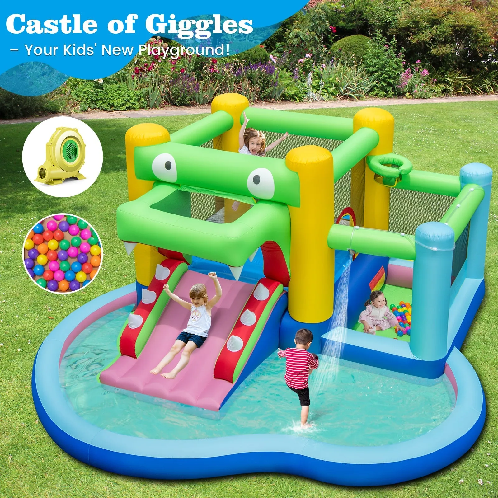 5-in-1 Inflatable Bounce House Crocodile Water Park with Splash Pool with 680W Blower