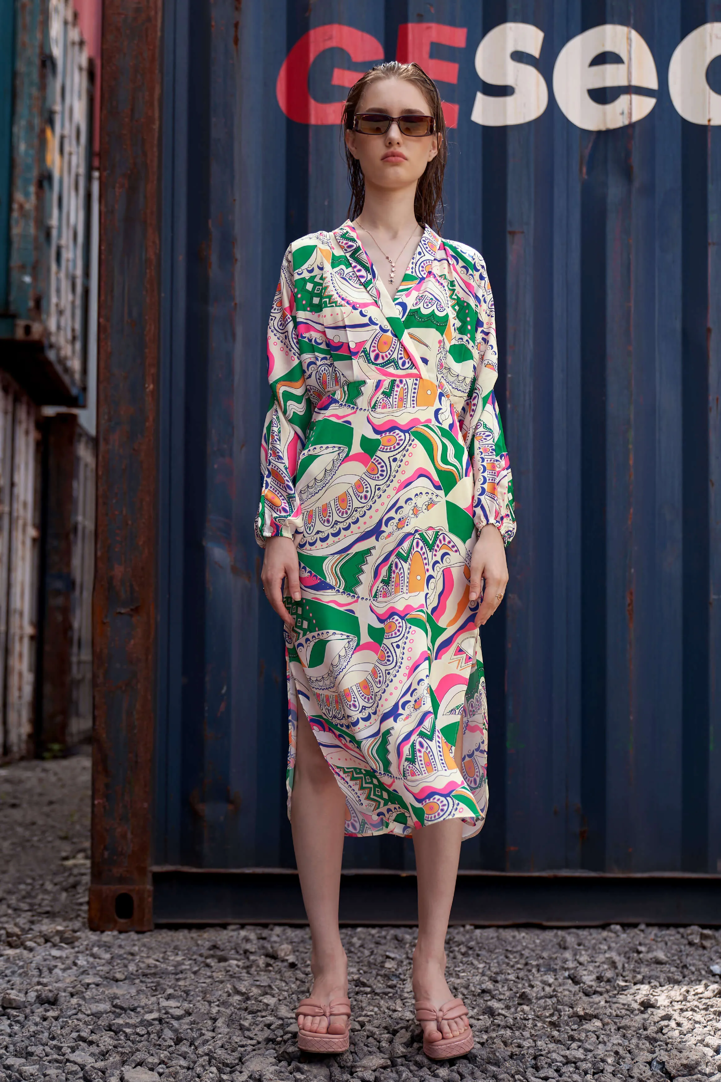 Abstract V Neck Midi Dress