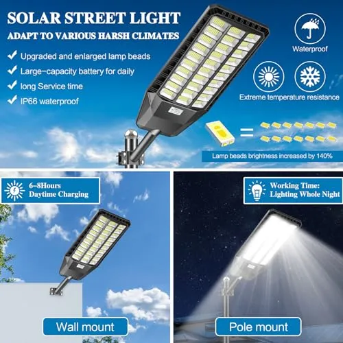 AKOFUN Solar Street Light Outdoor: 3000W Solar Street Lights Outdoor Waterproof, Solar Street Light LED, Solar Street Flood Light 200000 Lumens for Parking Lot, 2 Pack