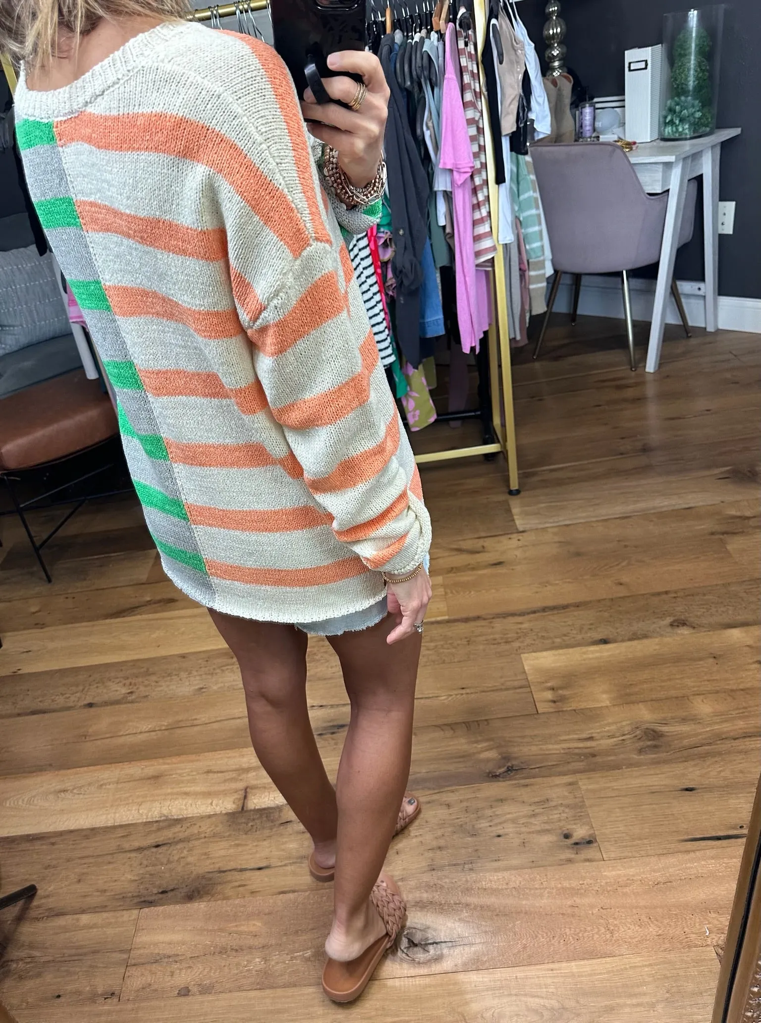 All For Fun Contrasting Striped Sweater - Kelly/Sherbert Combo