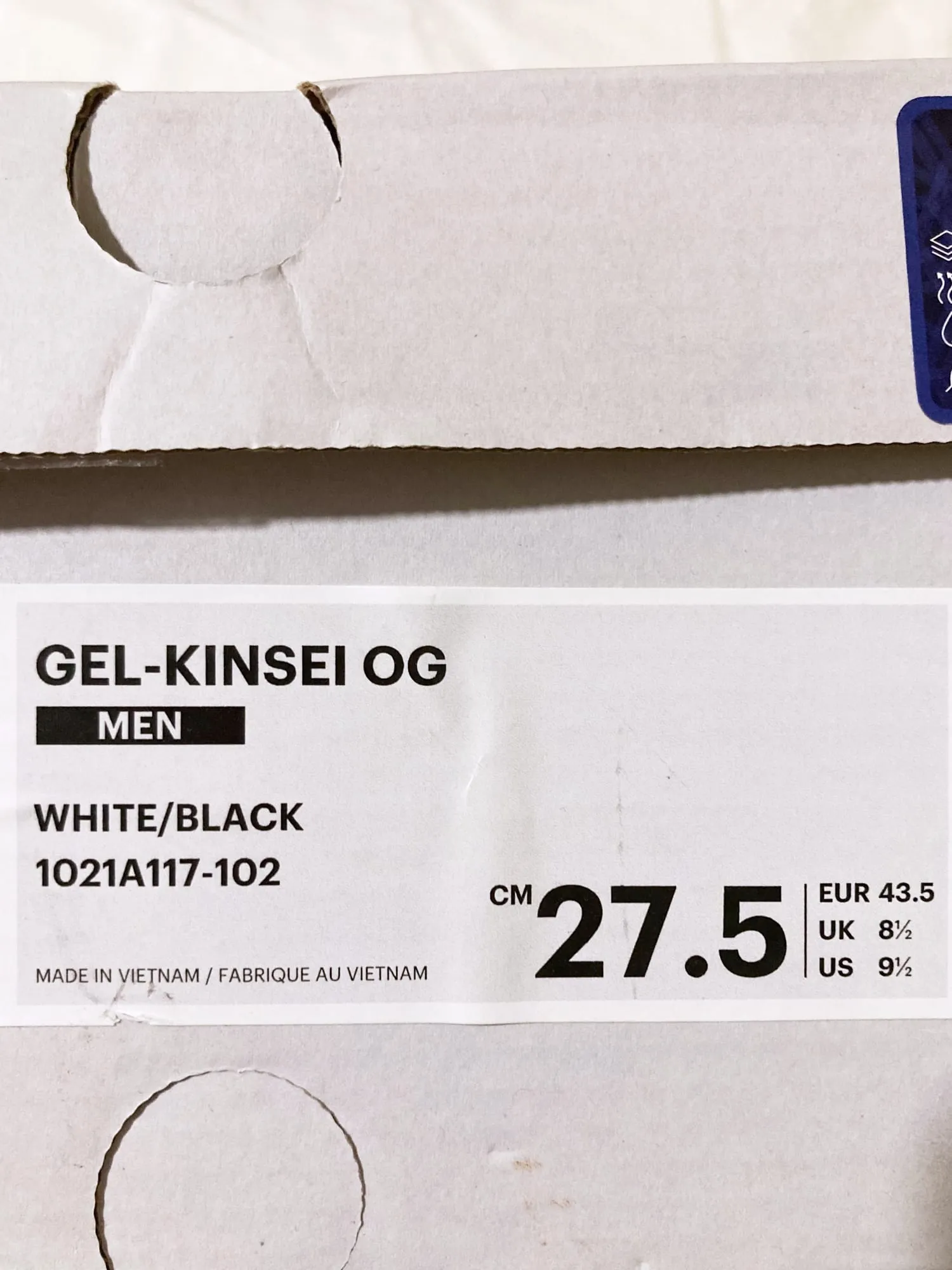 Asics Gel-Kinsei OG White Black sneakers - US mens size 9.5 EU 43.5