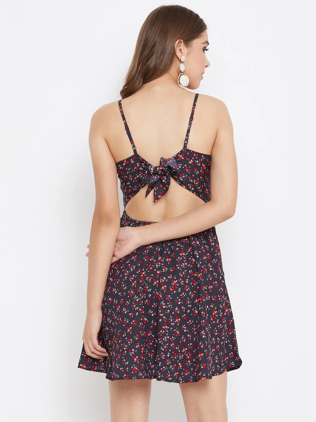 Berrylush Women Navy Blue & Red Floral Print Twisted Knot Mini Dress