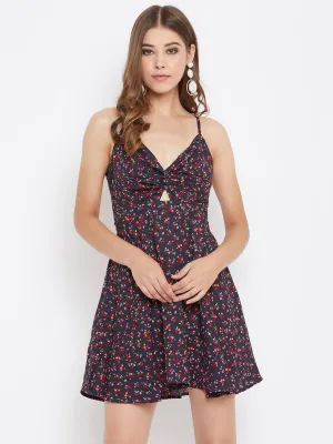 Berrylush Women Navy Blue & Red Floral Print Twisted Knot Mini Dress