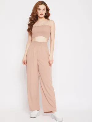 Berrylush Women Solid Pink Off-Shoulder Neck Shirred Tube Crop Top & Crinkle Regular Pants Co-Ord Set