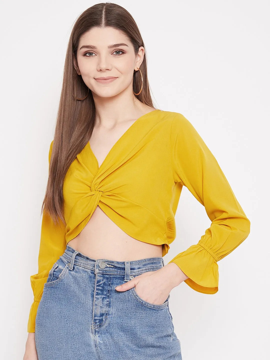 Berrylush Women Solid Yellow V-Neck Front Twisted Crop Top