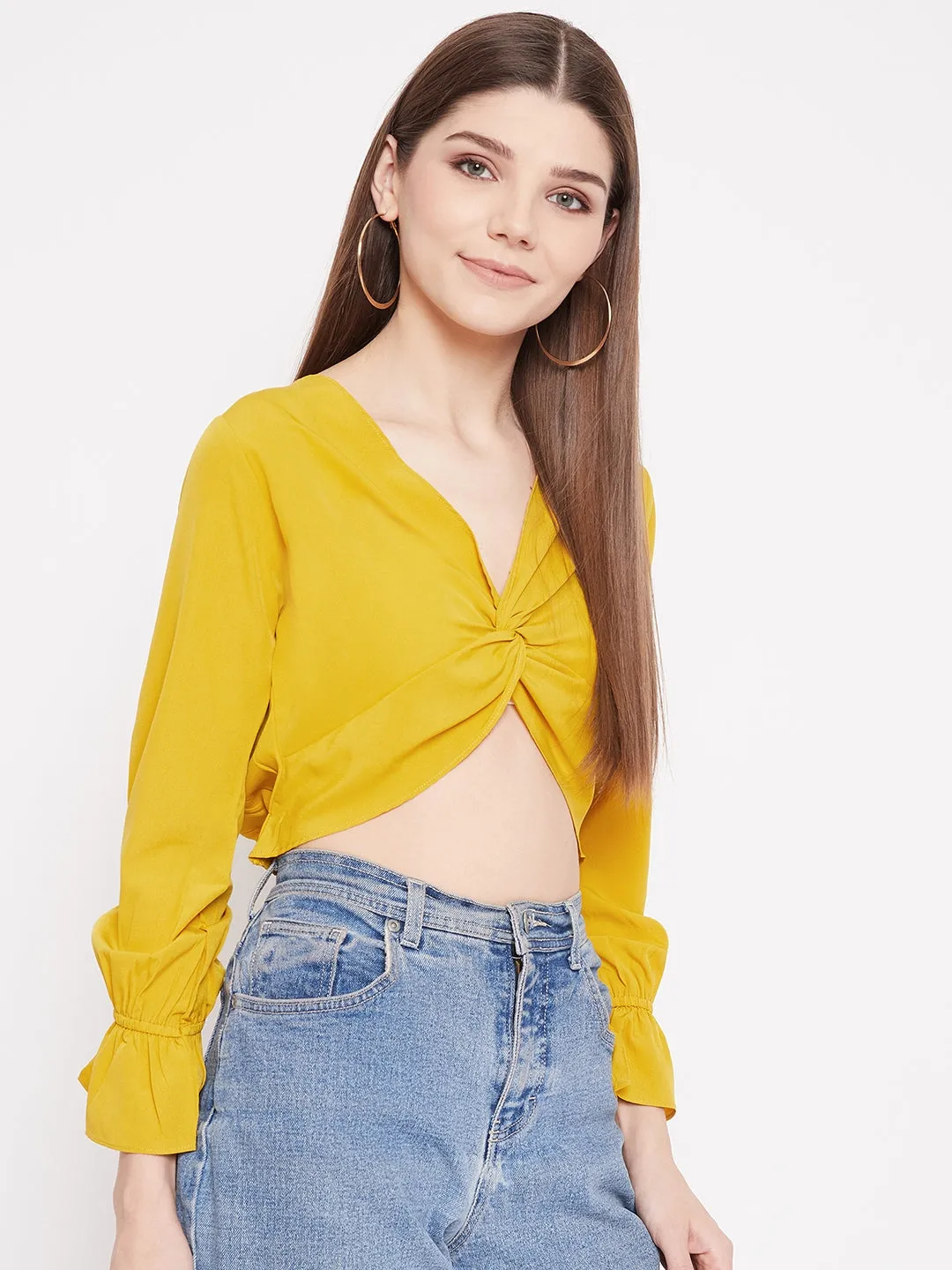 Berrylush Women Solid Yellow V-Neck Front Twisted Crop Top