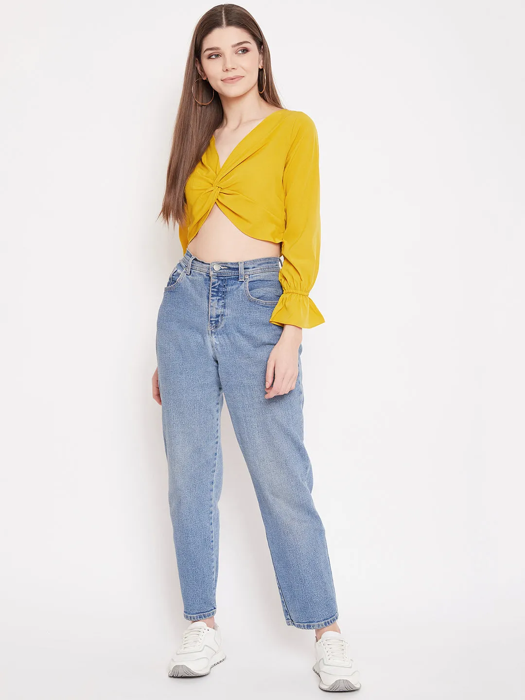 Berrylush Women Solid Yellow V-Neck Front Twisted Crop Top