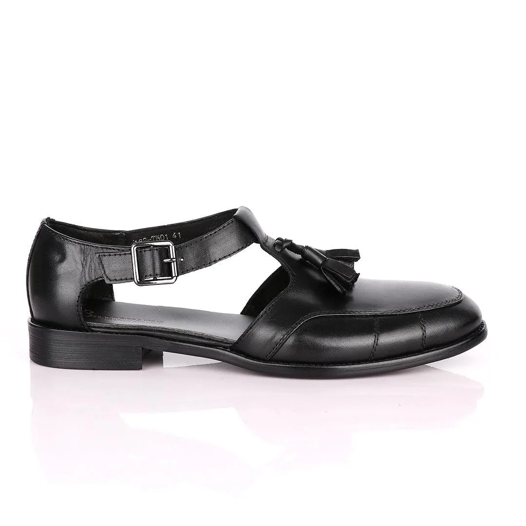 Billionaire Exotic Black Plain with Tassel Cover Leather Sandal