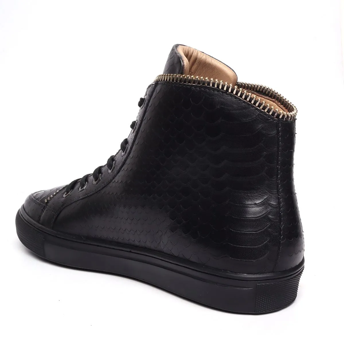 Black Snake Textured Leather Zip Embellished Sneakers by Brune & Bareskin