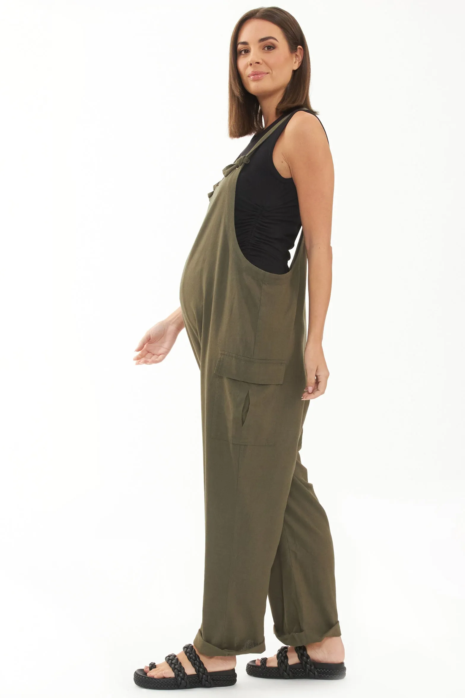 Cargo Pocket Linen Jumpsuit Olive