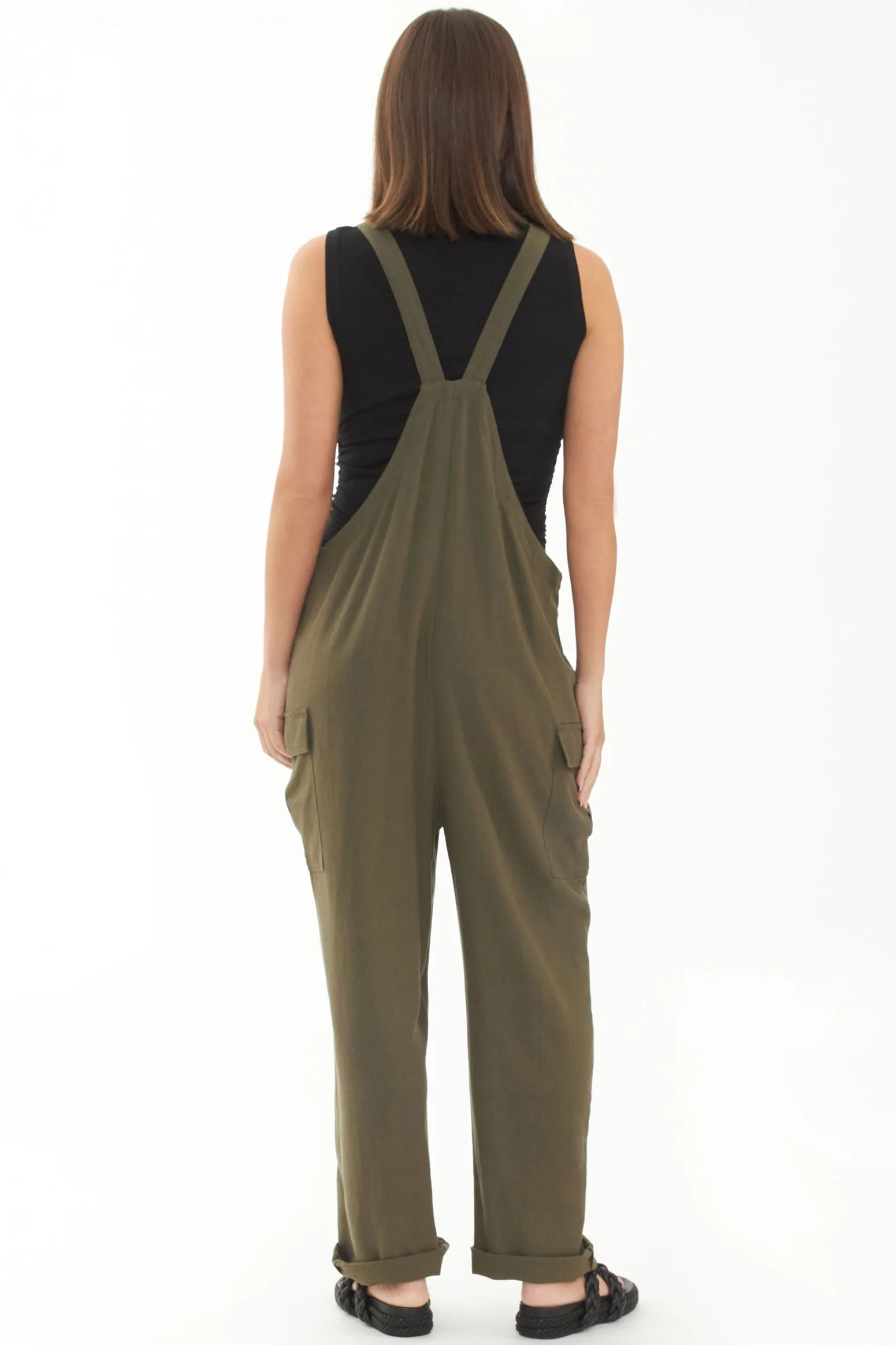 Cargo Pocket Linen Jumpsuit Olive