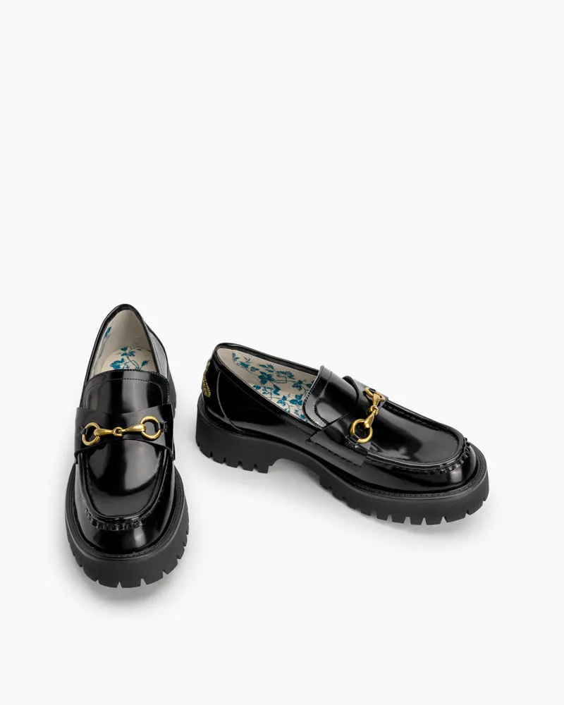 (Clean Up - US 7.5) Classic Metal Buckle Bee Embroidery Platform Leather Loafers