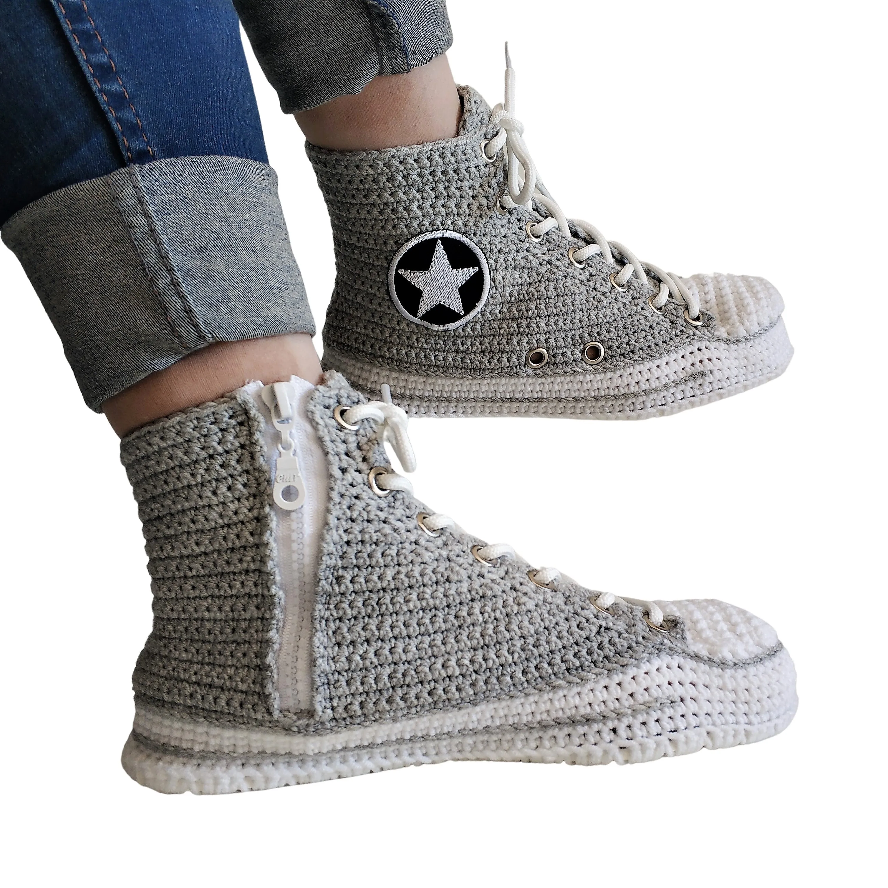 Converse Crochet Grey Men Sneakers Plush Slippers - High Top Custom House Soft Shoes