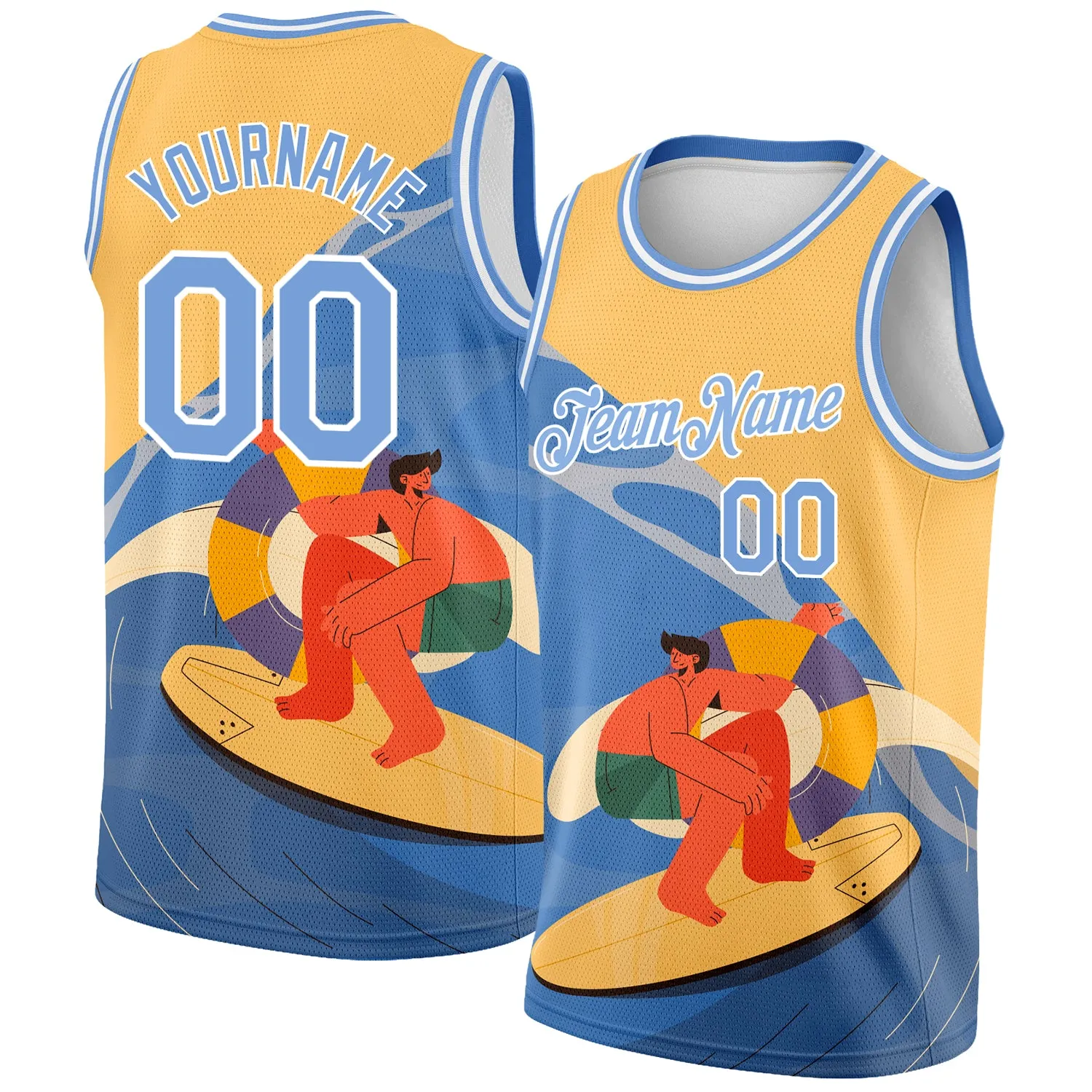 Custom Gold Light Blue-White 3D Pattern Summer Beach Surfing Authentic Basketball Jersey