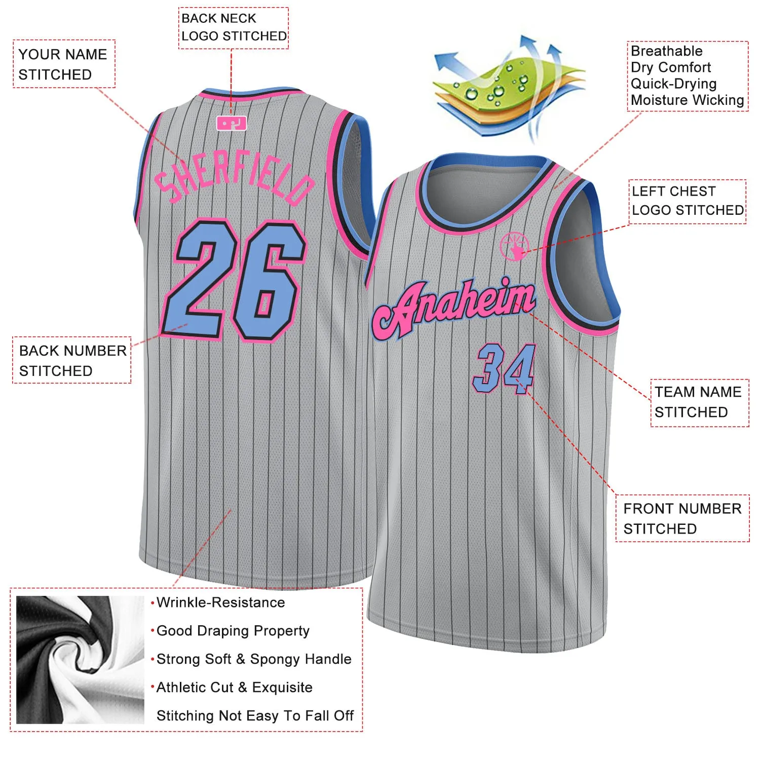 Custom Gray Black Pinstripe Light Blue-Pink Authentic Basketball Jersey