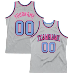 Custom Gray Light Blue-Pink Authentic Throwback Basketball Jersey