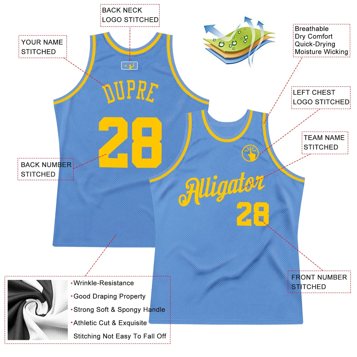 Custom Light Blue Gold Authentic Throwback Basketball Jersey