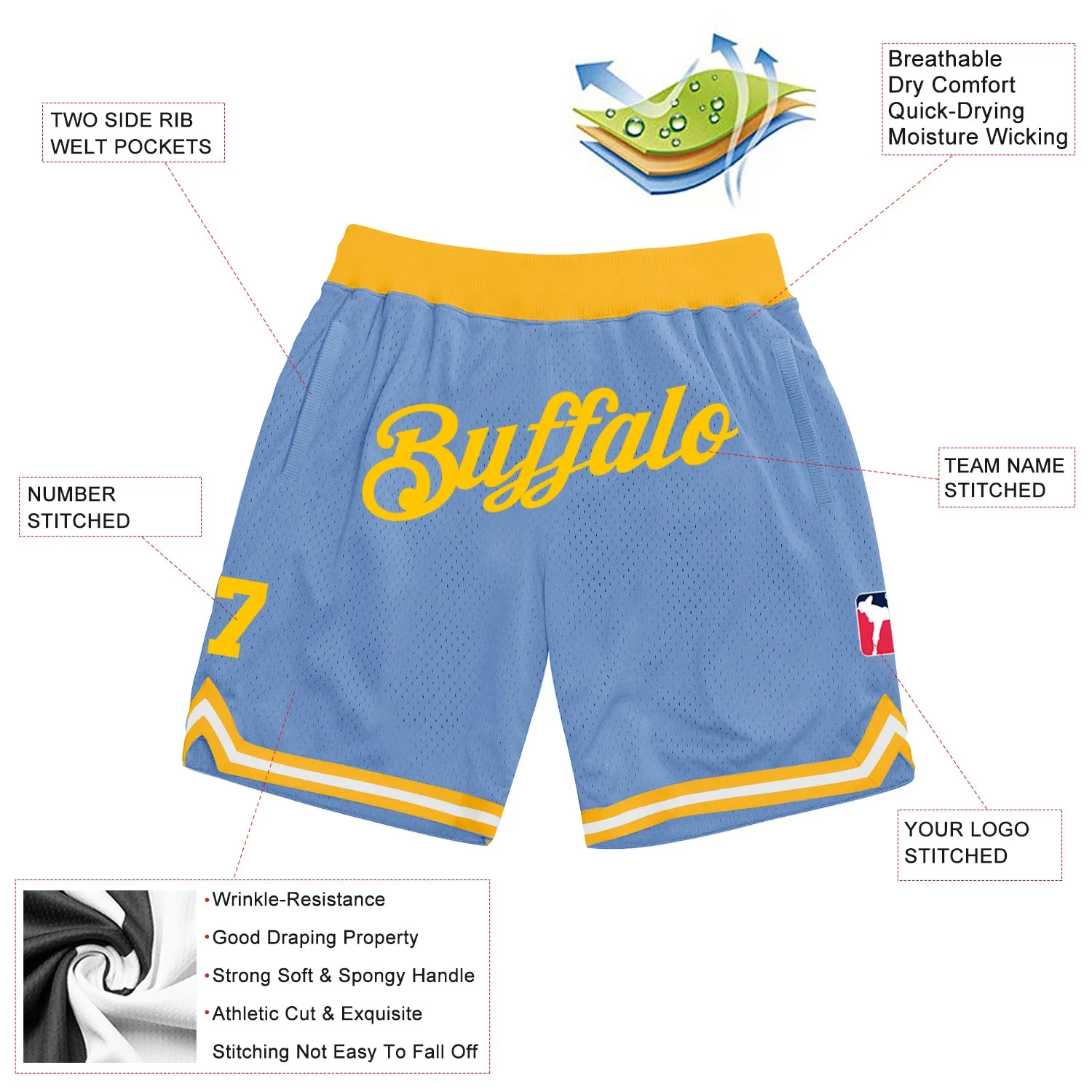 Custom Light Blue Gold Authentic Throwback Basketball Shorts