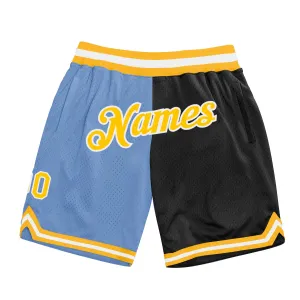 Custom Light Blue Gold-Black Authentic Throwback Split Fashion Basketball Shorts