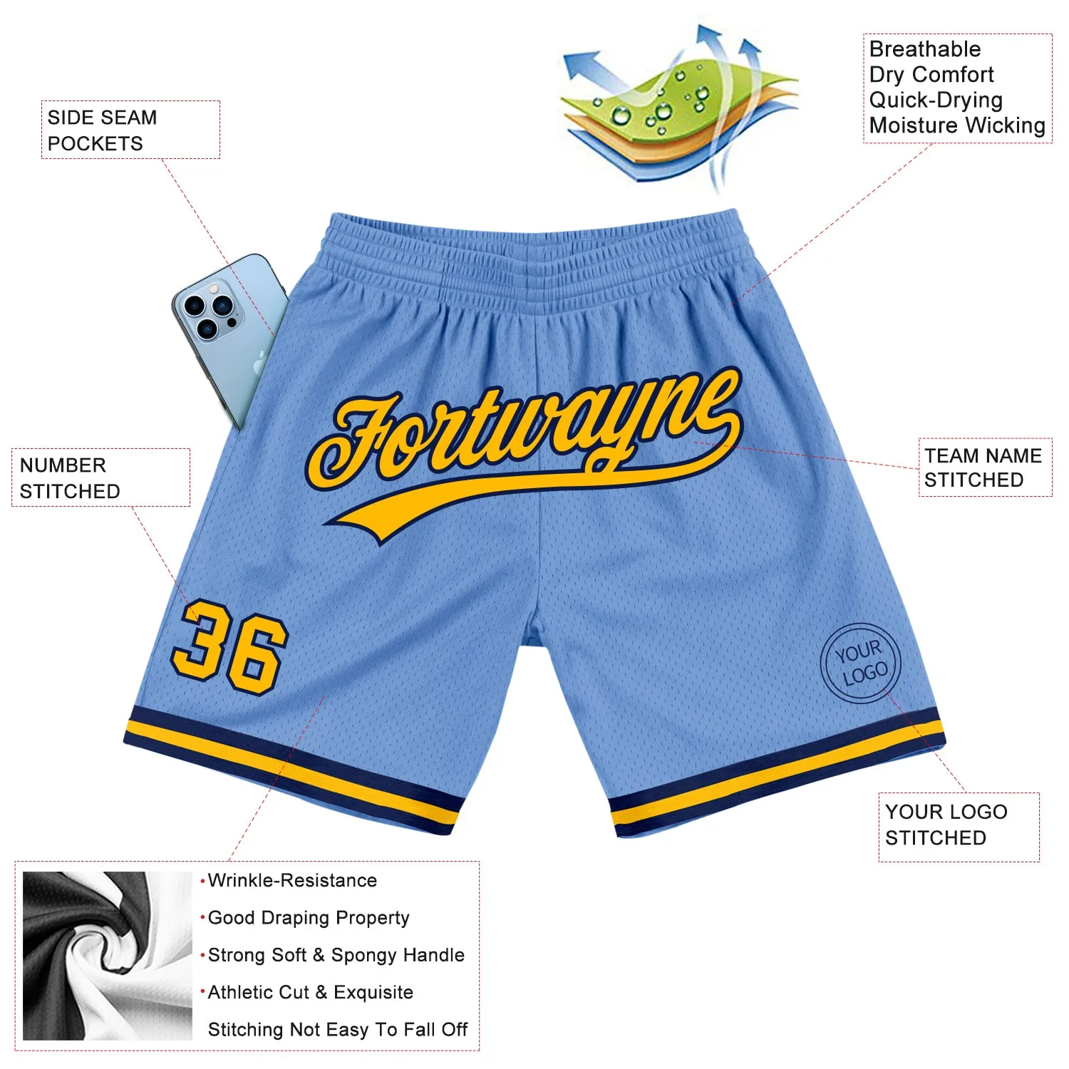 Custom Light Blue Gold-Navy Authentic Throwback Basketball Shorts