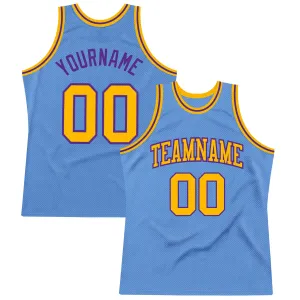 Custom Light Blue Gold-Purple Authentic Throwback Basketball Jersey