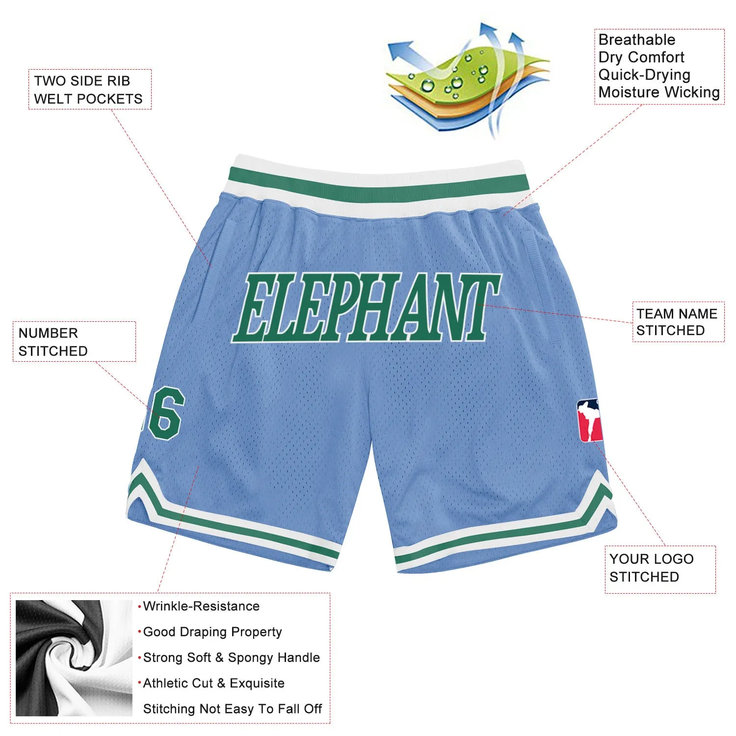 Custom Light Blue Kelly Green-White Authentic Throwback Basketball Shorts