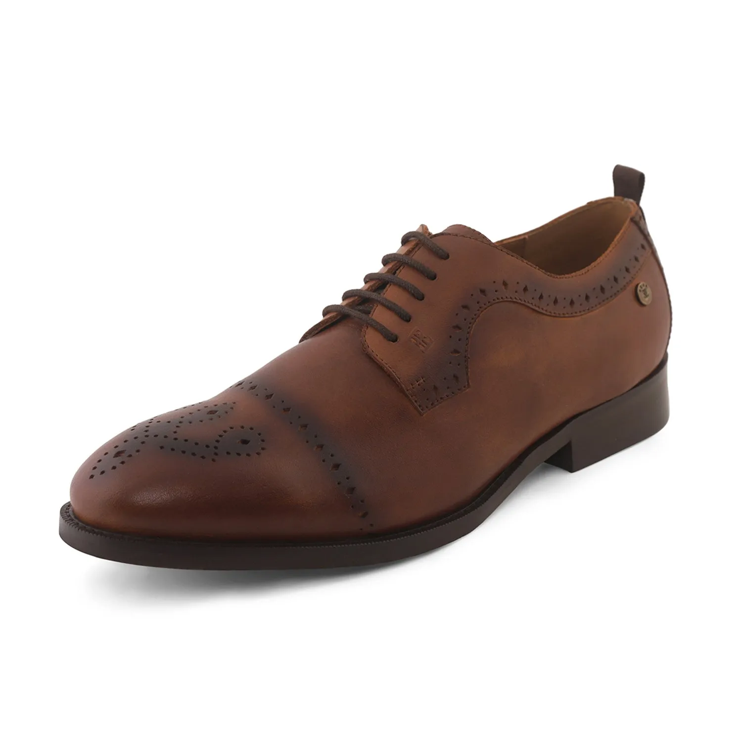 Ezok Men Tan Burnish Finish Perforated Leather Derby Shoes