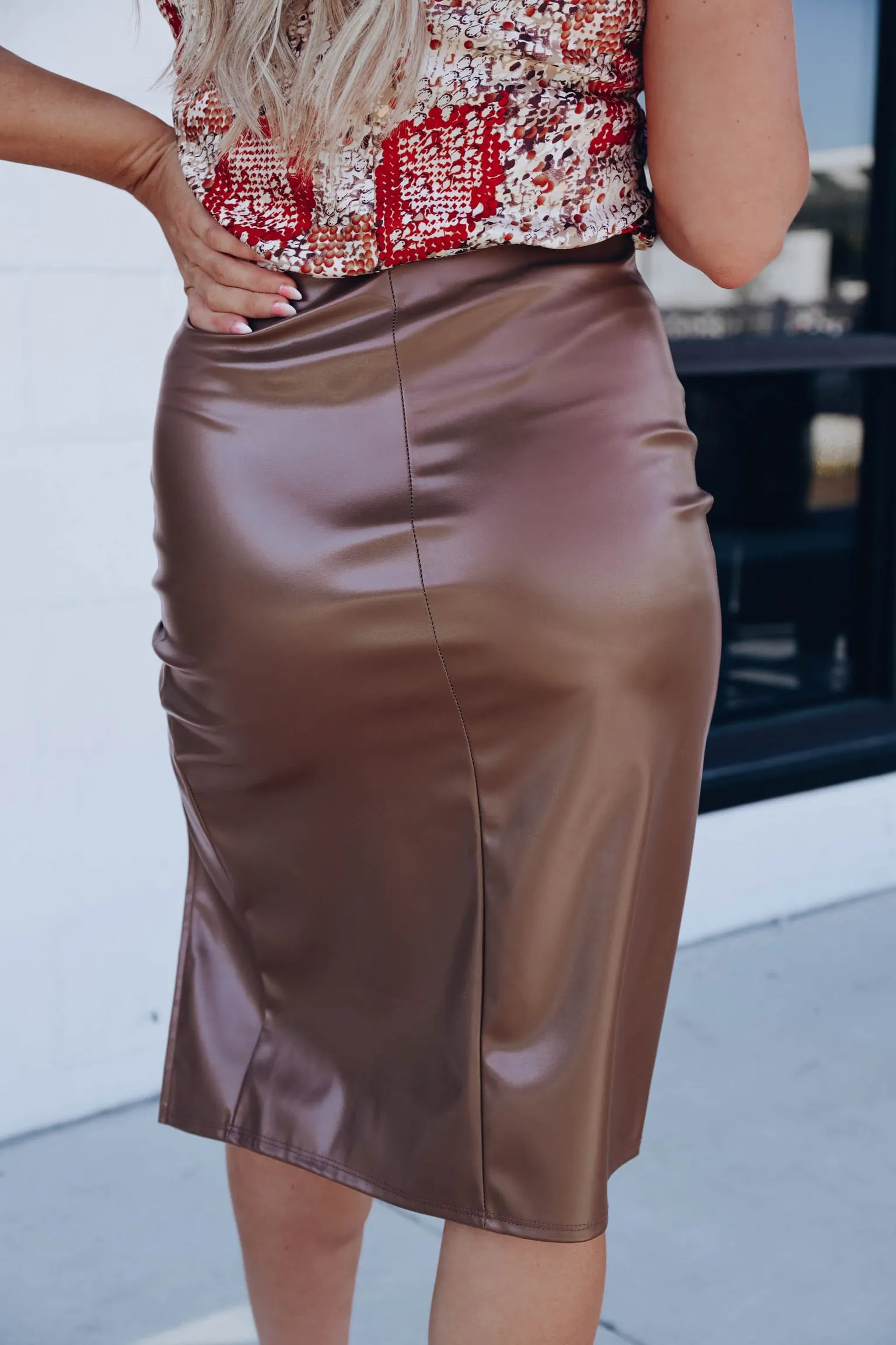 Faux Leather Side Slit Midi Skirt - Mocha