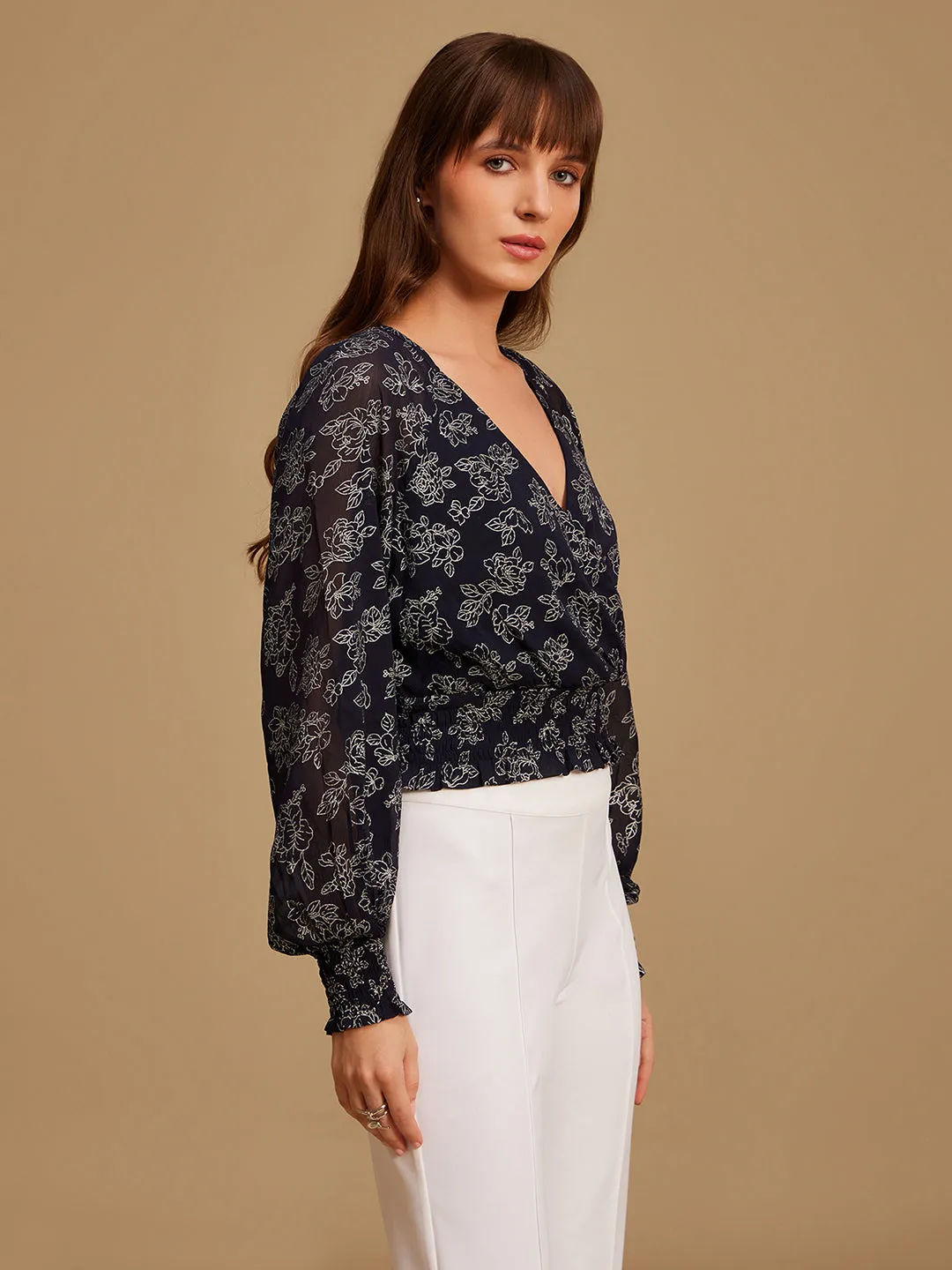 Foil Printed Top With Smocking Detail