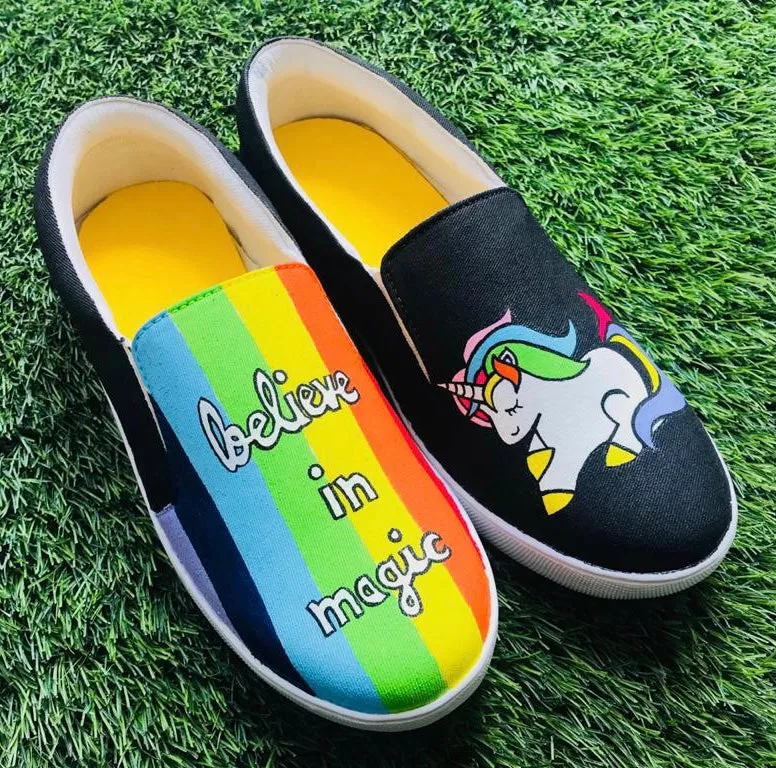 Funky N Trendy hand painted water resistant Unicorn theme slip on shoes/ handpainted shoes/ women shoes / funky shoes/ blue shoes / funky handpainted shoes