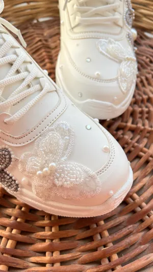 FUNKY N TRENDY white and grey butterfly embroidery sneakers for brides /white silver embroidered sneakers/ handcrafted sneakers/ butterfly sneakers / bridal sneakers / bridesmaid sneakers/ white sneakers/ grey sneaker