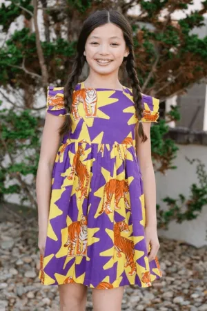 Girls Maya Flutter Sleeve Dress - Tiger Print