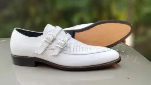 Handmade Men's White Double Monk strap Shoe