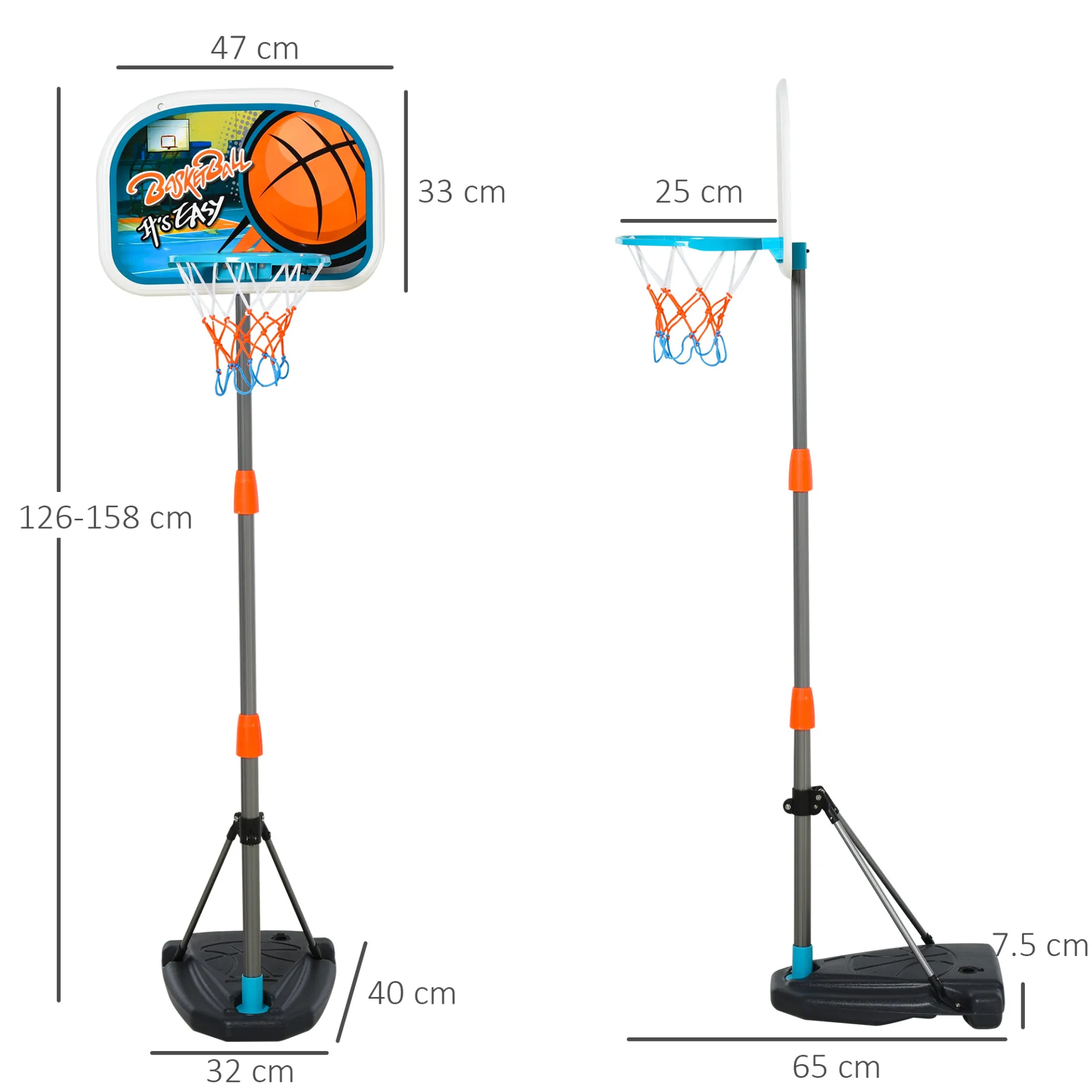 HOMCOM Kids Basketball Hoop and Stand - Portable Adjustable Basketball Set with Ball, Pump, and Backboard, Heights 126-158 cm