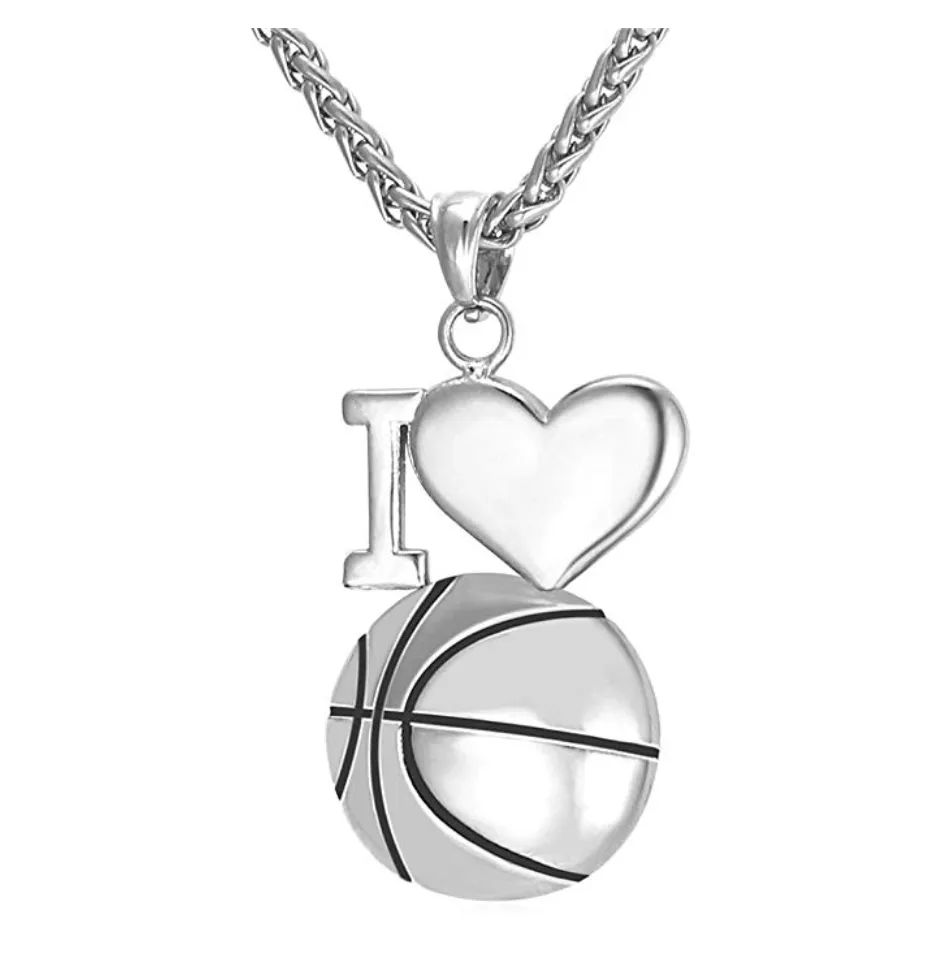 I Love Basketball Necklace NBA Gift Pendant Sports Heart Basketball Chain 22in.