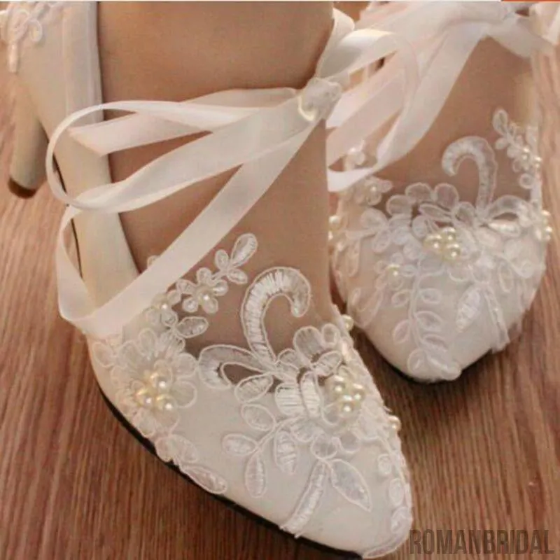 Lace Pearls Pointed Toes Women Wedding Shoes With Ribbons Lace Up, S018