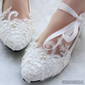 Lace Pearls Pointed Toes Women Wedding Shoes With Ribbons Lace Up, S018