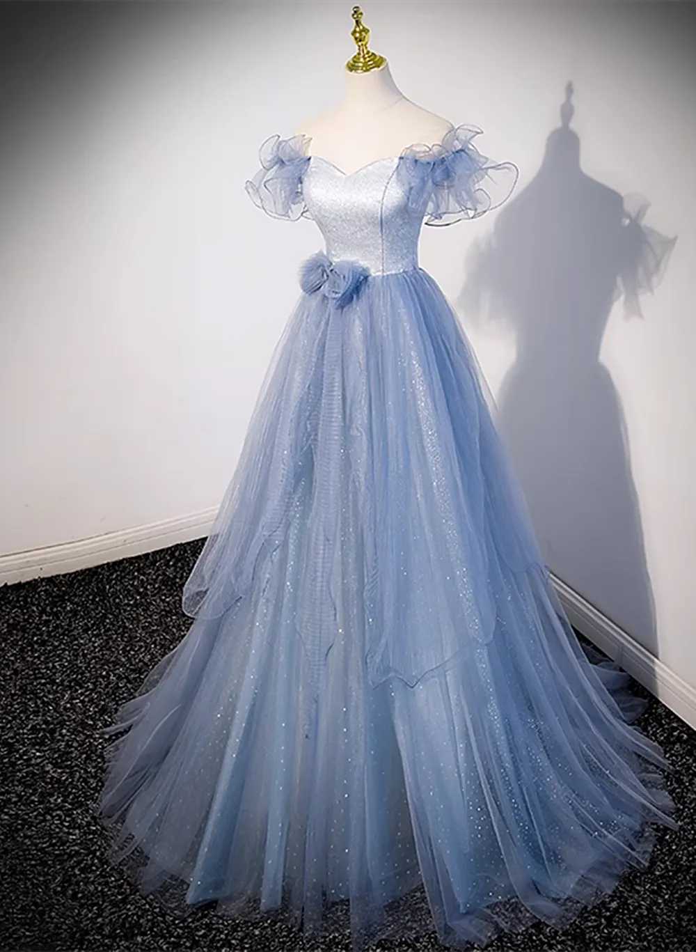 Light Blue Off Shoulder Tulle Sweetheart Formal Dress, Light Blue A-line Prom Dress