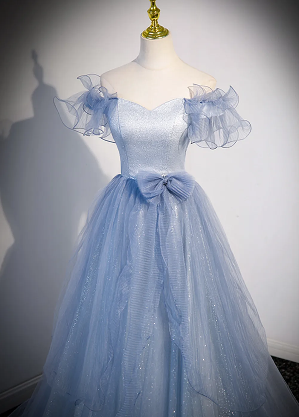 Light Blue Off Shoulder Tulle Sweetheart Formal Dress, Light Blue A-line Prom Dress