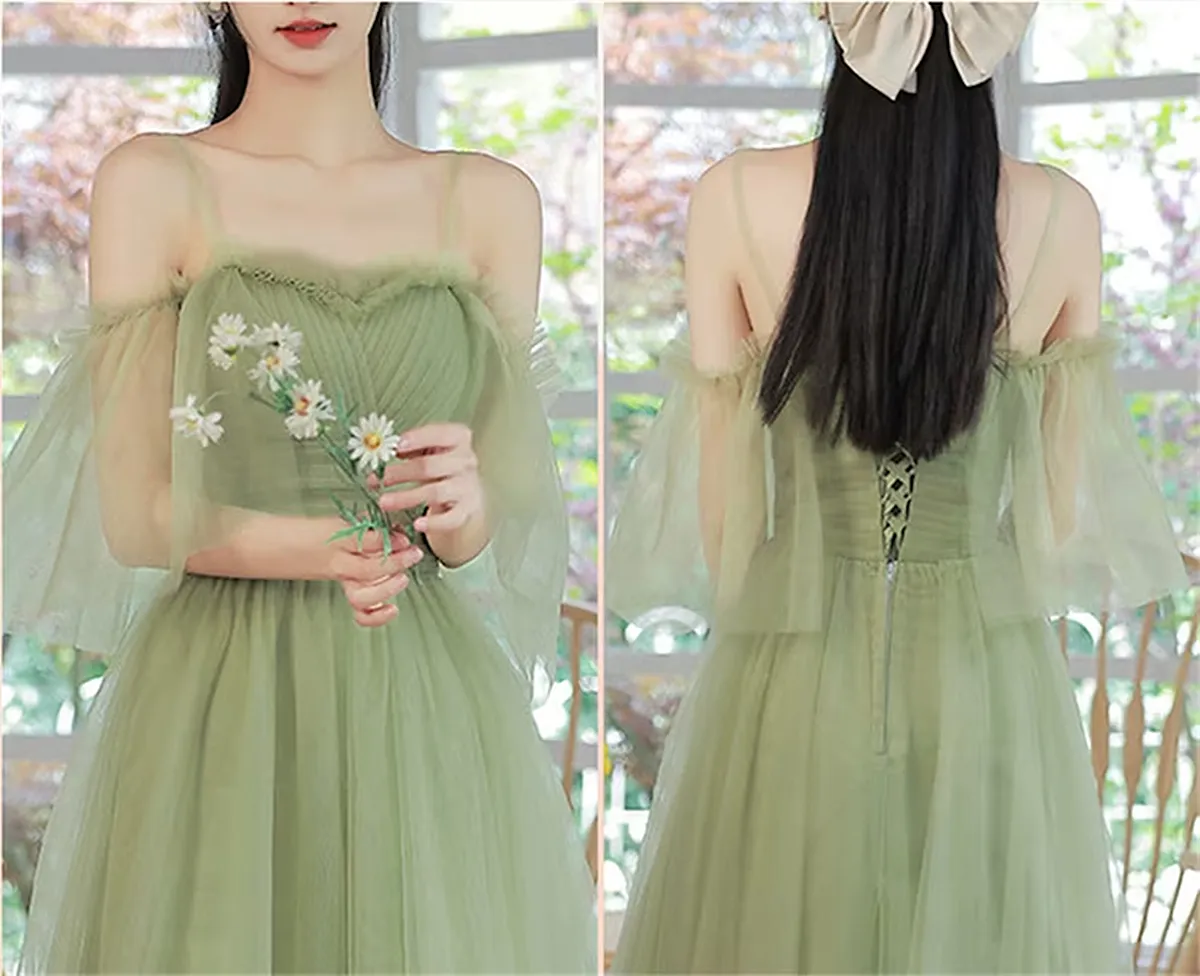 Light Green Tulle Straps A-line Party Dress, Light Green Prom Dress Evening Dress