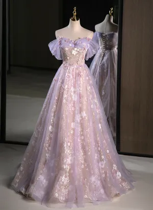 Lovely Light Purple Floral Tulle Off Shoulder Party Dress, Light Purple Tulle Prom Dress