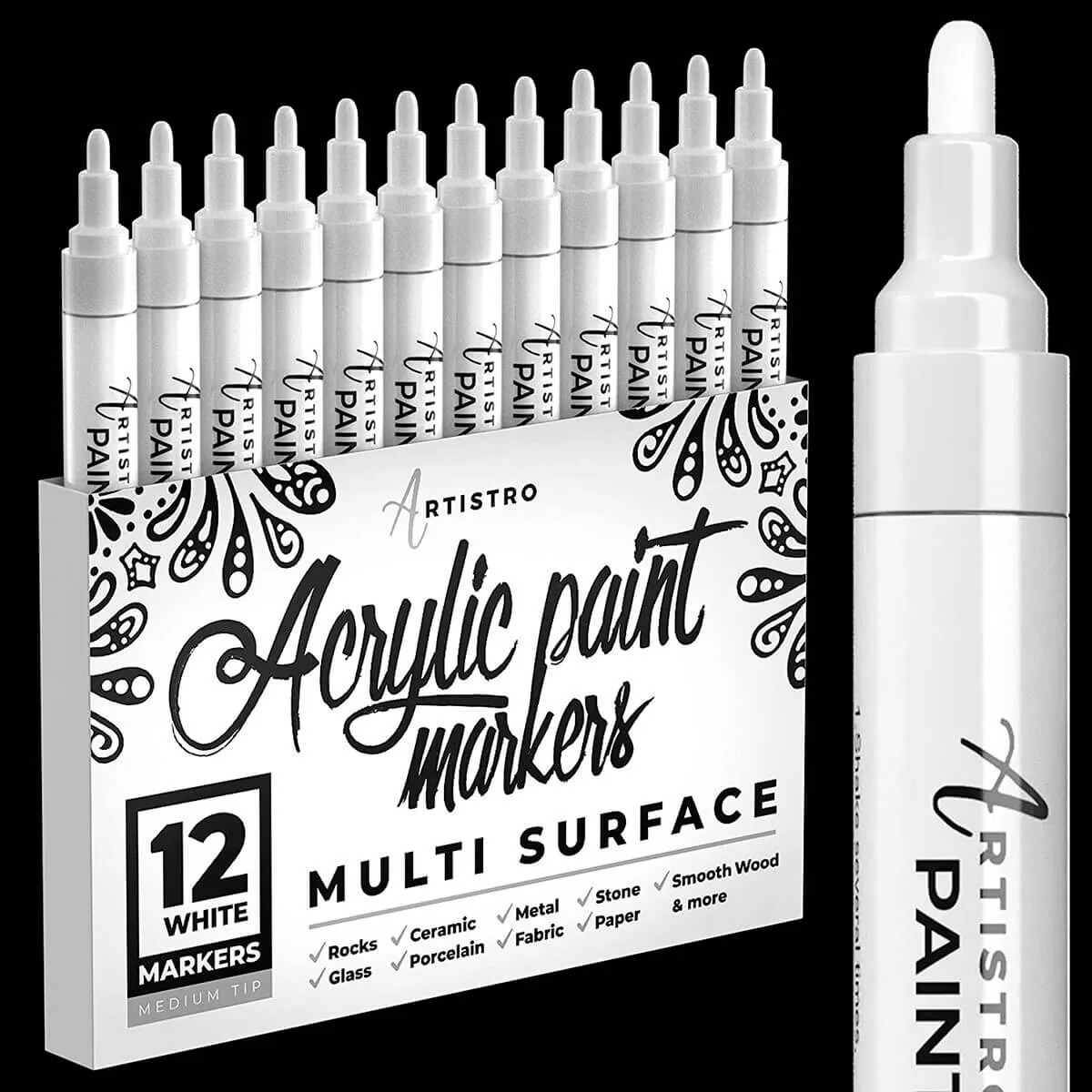 Medium Tip white acrylic paint pen - Set of 12 white acrylic paint markers