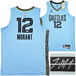 Memphis Grizzlies Ja Morant Autographed Light Blue Jordan Statement Edition Swingman Jersey Size 48 Beckett BAS QR Stock #218578