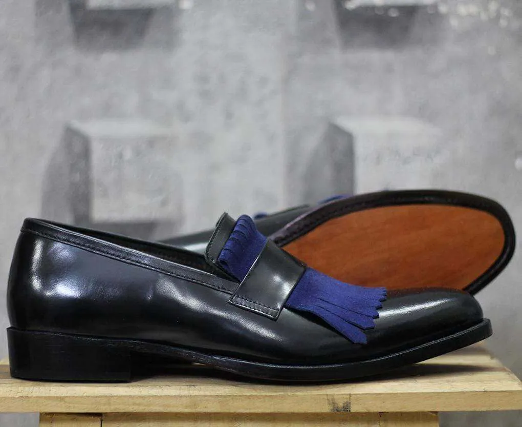 Men's Fringe Black & Blue Leather Loafers Shoe