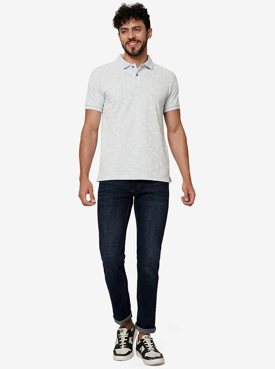 Mist Blue Printed Slim Fit Polo T-Shirt | Greenfibre