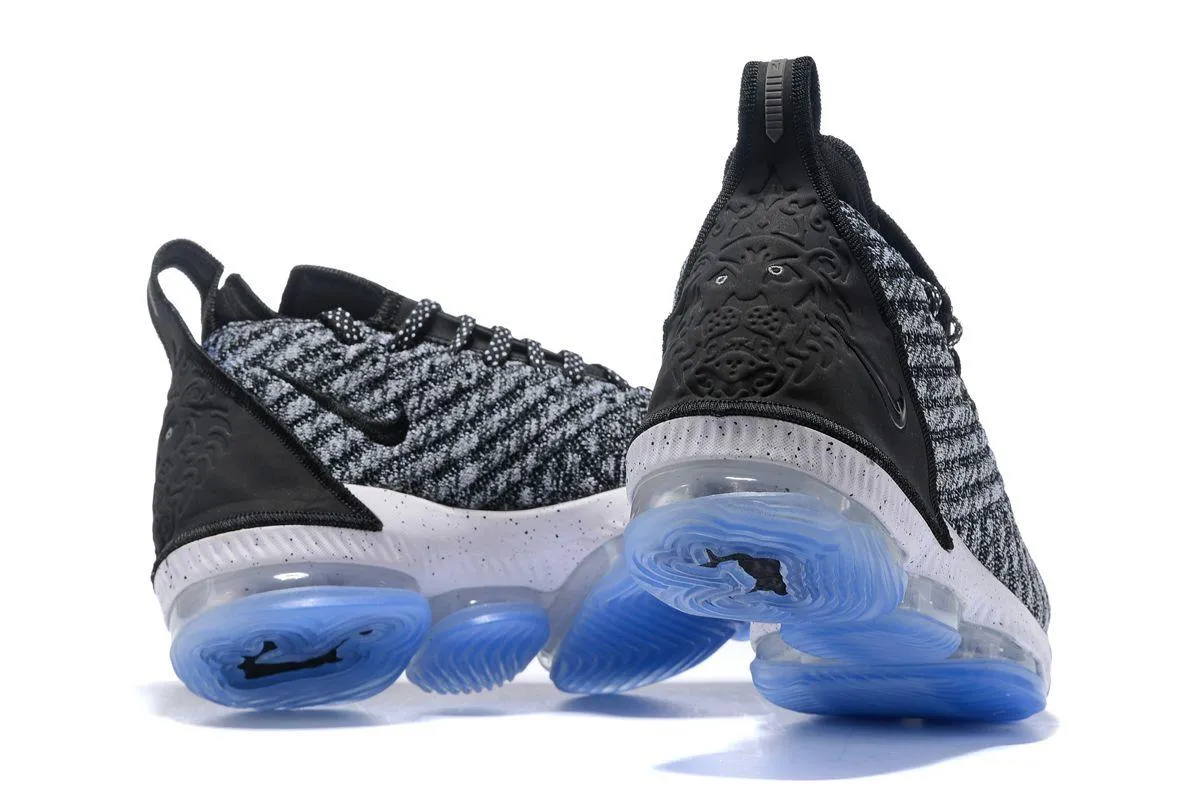 N LeBron 16 Oreo Black White Grey With Icy Blue Sneakers