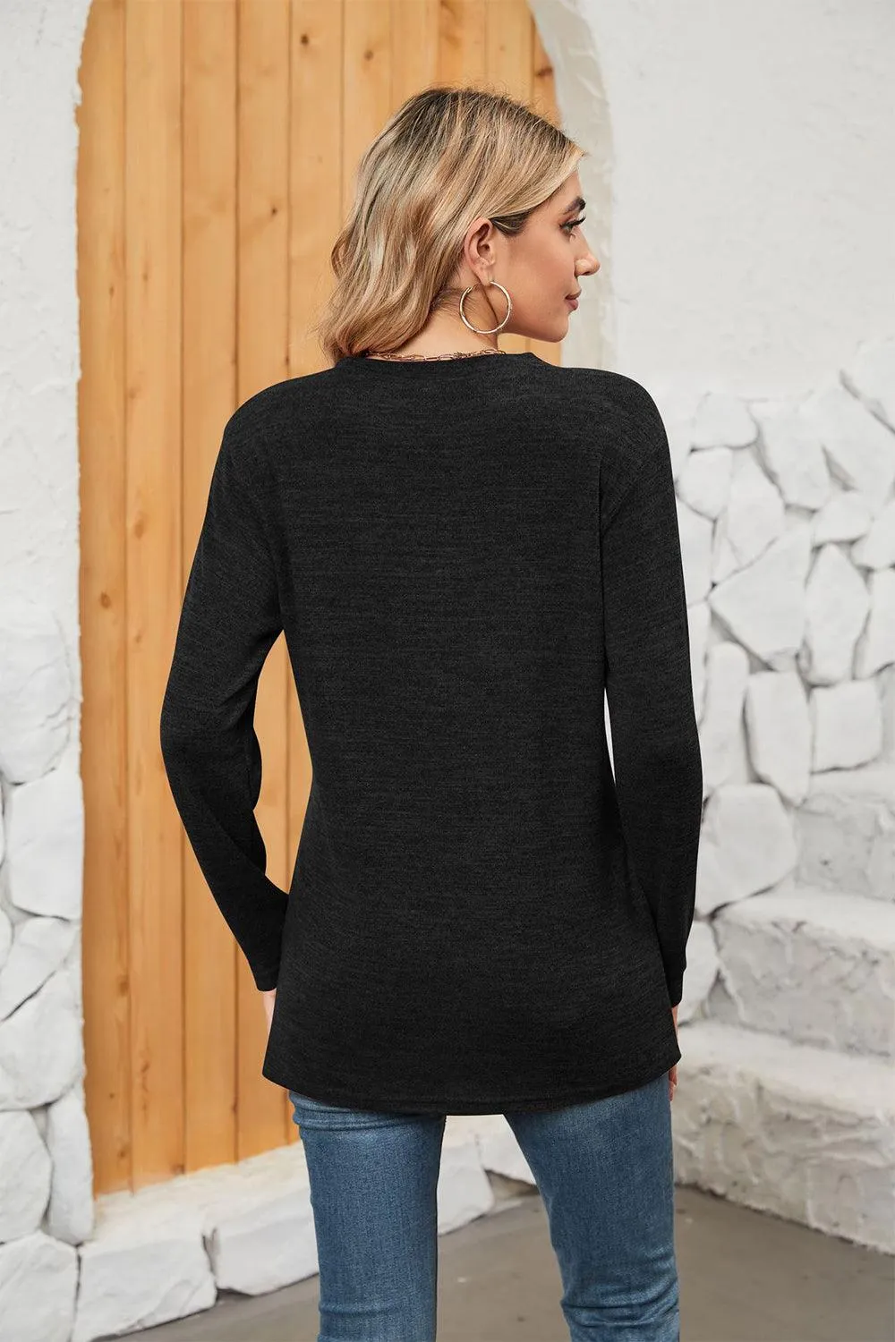 Notched Neck Long Sleeve T-Shirt