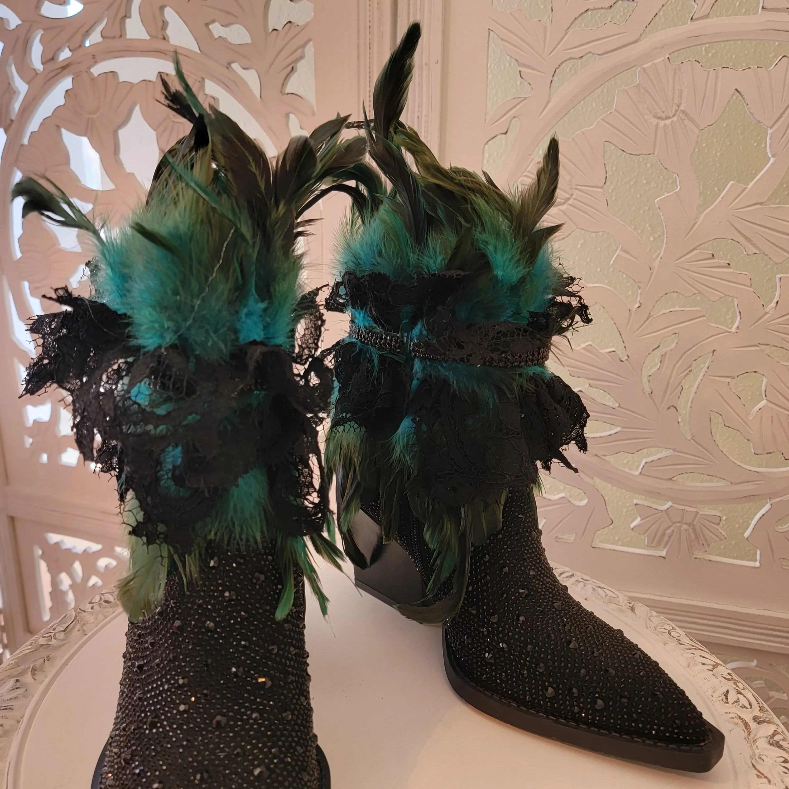 "JHETTA" Custom Order Black & Green Crystal Feather Ankle Boots